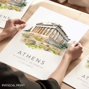 Impressão de Atenas, Grécia, Coordenadas do Mapa de Atenas, Presente de Casamento para Viagem, Presente de Boas-Vindas, Pôster do Partenon, Impressão em Aquarela de Atenas