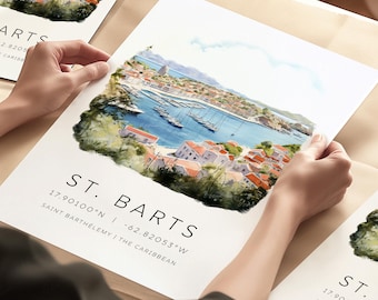 St. Bart's Caribbean Poster, Caribbean Vacation Gallery, Traditional Travel Art, Travel Gift Ideas, Engagement Gift, Wedding Art Cards