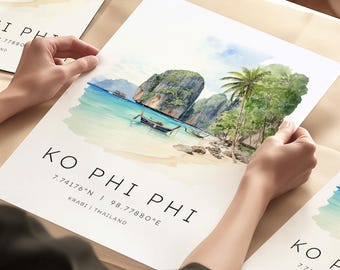 Thailand reizen print, Phi Phi-eilanden, Thailand eilanden print, reisposters, Azië reizen kunst, reiscadeaus, aquarel reisafdrukken