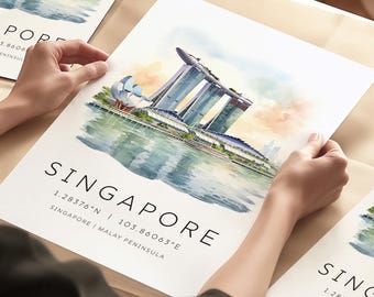 Singapur Wydruk, Singapur Marina Bay Sands, Singapur Skyline, Singapur Prezent Podróżny, Singapur Illustartion Mapa Współrzędne, Sztuka Podróży