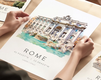 Italy Travel Prints, Rome Italy Art Print, Rome Travel Poster, Trevi Fountain, Rome Map Coordinates, Italy Travel Gallery, World City Prints