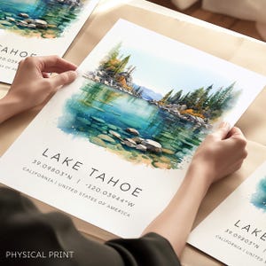 Impressions de voyage en Californie, cadeaux personnalisés avec coordonnées de carte, impression aquarelle du lac Tahoe, cadeaux d'art, estampes de la ville, art mural du lac, carte des icônes de voyage