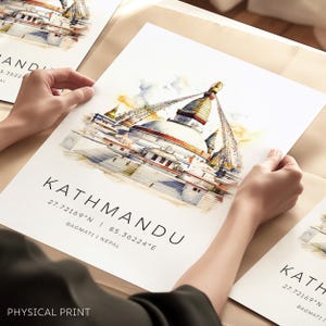Stampa di viaggio di Kathmandu, stampa murale del Nepal, stampa acquerello di Kathmandu, regalo di viaggio in Nepal, stampa di viaggio sull'Himalaya, regali di viaggio avventurosi