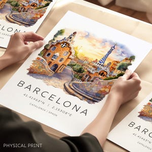 Impression de voyage à Barcelone, illustration de Barcelone, plan de la ville de Barcelone, Sagrada Família, cadeau de mariage en Espagne, cadeau de voyage, coordonnées de la carte