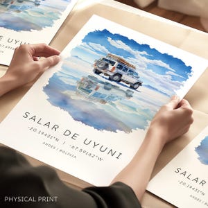 Salar de Uyuni, Bolivia, zoutvlaktes, reizen muurkunst, Bolivia poster print, aquarel Bolivia print, Bolivia kaart coördinaten, Zuid-Amerika