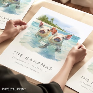 Reise-Druck, Bahama Aquarell, Schweineinsel Reise Poster, Big Major Cay, Verlobungsgeschenk, Hochzeitsgeschenk, Urlaubsgeschenk, Reisegalerie