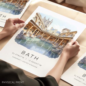 Bath, Stampa della città di Bath, Carta artistica di viaggio Bath Somerset, Stampa illustrata di Bath, Le terme romane, Stampa di viaggio Inghilterra, Monumenti della città
