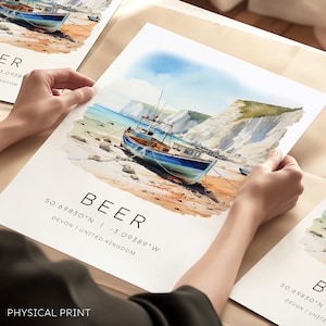 Bier Devon Reisedruck, Devon Wandkunst, Aquarell Devon Druck mit Kartenkoordinaten, East Devon Poster, Devon Hlliday Druck, Devon Kunst