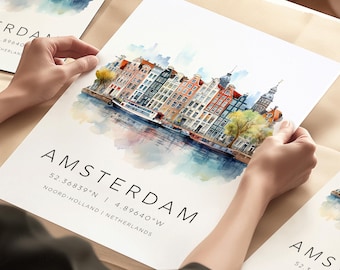 Amsterdam Travel Print, Netherlands, Amsterdam Poster, Holland Travel Poster, Birthday Present, Wedding Gift, Map Coordinate Amsterdam Gift