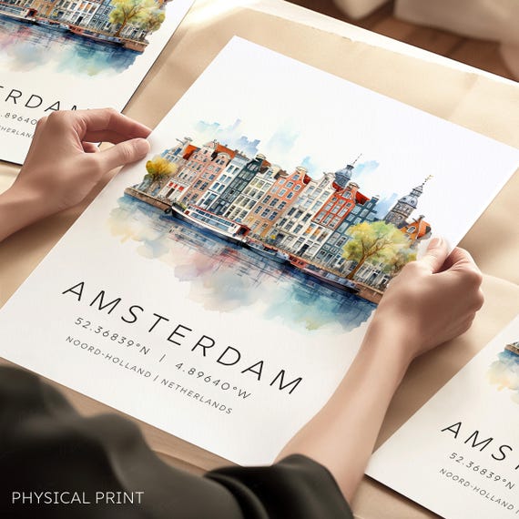 Amsterdam Travel Print, Netherlands, Amsterdam Poster, Holland Travel Poster, Birthday Present, Wedding Gift, Map Coordinate Amsterdam Gift
