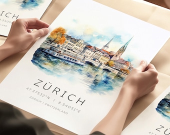 Zurich Switzerland, Zurich Travel Poster With Map Coordinates, Switzerland City Skyline Gifts, Travel Gifts, Zurich Poster, Switzerland Gift