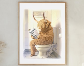 Láminas para baño, Lámina de baño de vaca de las Highlands, Póster divertido de inodoro de vaca de las Highlands, Lámina divertida para baño, Animal en el inodoro, Letreros para inodoro, Decoración