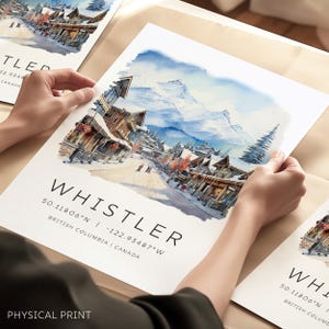 Impresión de viaje de Whistler, póster de esquí de Whistler, impresiones de viaje de Columbia Británica, Canadá, regalos de viaje, arte mural de esquí, ilustración de Whistler