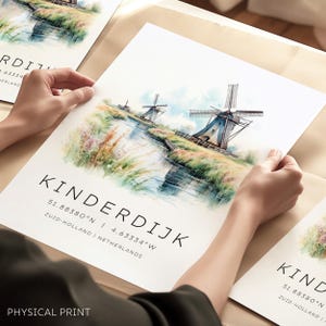 Moulin à vent de Kinderdijk, impression de voyage avec les coordonnées de la carte de Kinderdijk aux Pays-Bas, estampes d'art hollandaises, paysages hollandais, souvenir hollandais