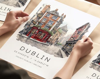 Dublin Travel Print, The Temple Bar, Pubs of Dublin, Dublin Travel Gifts, Travel Ireland, Dublin Wall Art, Dublin Cityscape, Map Coordinates