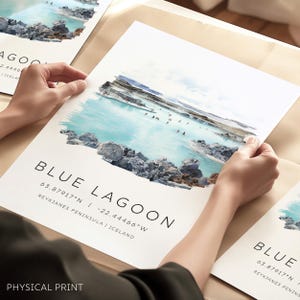 Poster di viaggio di Reykjavík, stampa di viaggio della Laguna Blu, coordinate della mappa dell'Islanda, regalo per l'Islanda, stampa ad acquerello, decorazione da parete di viaggio, stampa di viaggio