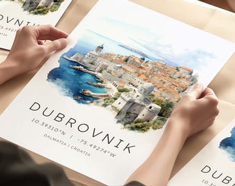 Impressão artística de Dubrovnik, pôster de Dubrovnik, impressão de viagem da Croácia, presente de aniversário exclusivo, coordenadas do mapa da Croácia, arte de parede de viagem