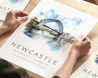 Stampa turistica di Newcastle, poster di Newcastle Upon Tyne, arte murale della città del Regno Unito, regalo di nozze, regalo di fidanzamento, stampe artistiche