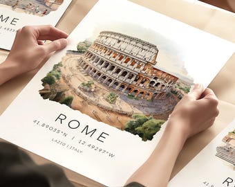 May include: A watercolor illustration of the Colosseum in Rome, Italy. The illustration is in a white frame with the text "ROME" and the coordinates "41.89035°N | 12.49297°W" and "LAZIO | ITALY" below the image.