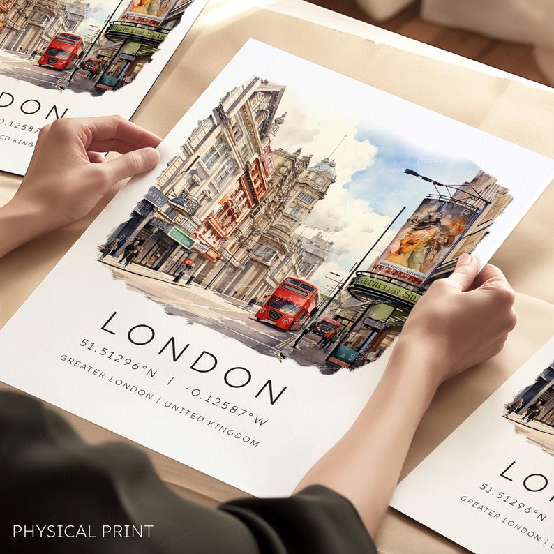 May include: A watercolor illustration of a street scene in London, England. The image features a red double-decker bus, buildings, and a sign for the "Lyric Theatre". The text "LONDON" is printed at the bottom of the image, along with the coordinates "51.51296&deg;N -0.12587&deg;W" and the text "GREATER LONDON | UNITED KINGDOM".