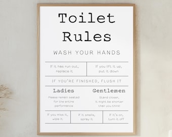 Toilet Rules Print, Funny Bathroom Prints, Toilet Wall Art, Fun Bathroom Decor, Toilet Wall Art, Washroom Signs, Ladies and Gentlemen Sign
