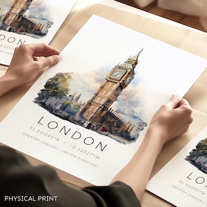 Reisafdruk Londen, afdrukken bezienswaardigheden Londense bezienswaardigheid, poster Big Ben Londen, reisafdrukken Engeland, coördinaten illustratie kaart Londen