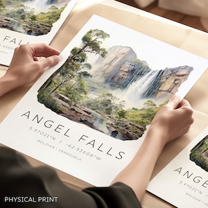 Venezuela Reise Poster, Angel Falls, Venezuela Reise Geschenk, Venezuela Wahrzeichen Illustration mit Karten-Koordinaten