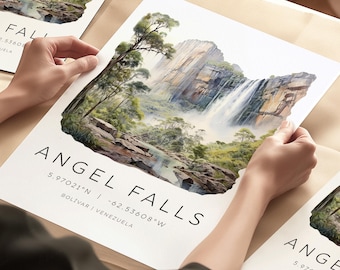 Venezuela Travel Poster, Angel Falls, Venezuela Travel Gift, Venezuela Landmark Illustration With Map Coordinates