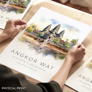Impresión de viaje a Angkor Wat, póster de Camboya, impresión de Angkor Wat, regalo de cumpleaños, coordenadas del mapa de Camboya, impresiones de viajes a Asia, impresiones tradicionales