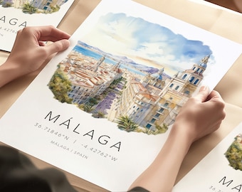 Op de afbeelding: Een aquarel-illustratie van de stad Málaga, Spanje. De illustratie toont een stadsbeeld met gebouwen, een kerk en een waterpartij. De tekst "MÁLAGA" is in zwarte letters geschreven met de coördinaten "36.71846°N | -4.42762°W" en "MÁLAGA | SPANJE" eronder. De tekst "FYSISCHE AFDRUK" is in zwarte letters onderaan de illustratie geschreven.