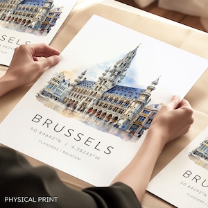 Impression historique de la ville de Bruxelles, affiche de voyage en Belgique, galerie de voyages, coordonnées de la carte, affiche d'art de voyage rétro, cadeau Bruxelles, horizon de la ville