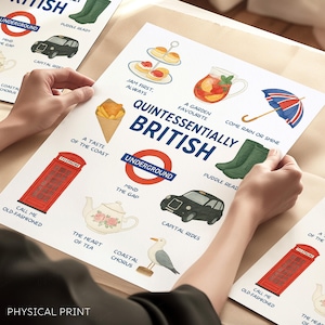 Impresión de viaje británica, póster de la Inglaterra icónica, arte mural para cocina, postal de viaje al Reino Unido, lo mejor de Gran Bretaña, póster de viaje a Londres, scones, té británico