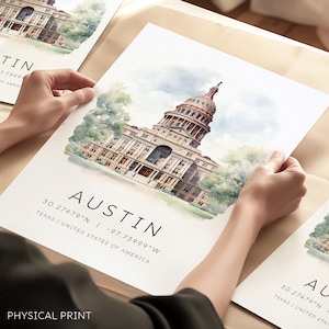 Austin Reisedruck, Texas Wandkunst, Bestimmungsreiseplakat, Reisedruck, Reisegeschenk, Feiertagspostkarten, Stadtlandschaftskunst, Wohndekor