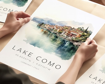 Italy Prints, Lake Como Poster, Italian Lakes Art Print, Anniversary Gift, Lake Como Wedding, Honeymoon Print, Italy Travel Illustration
