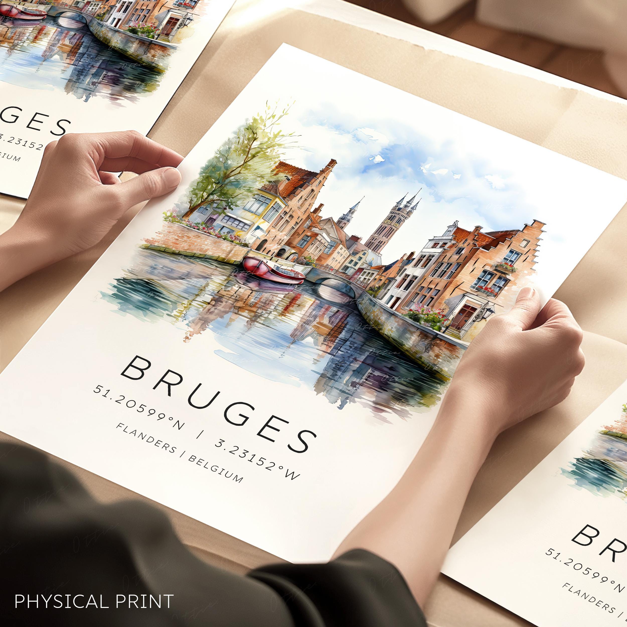 Bruges Travel Prints, Location Coordinates, European City Landmark Cards, Belgium Wall Art, Bruges Landmarks, Travel Landmark Gallery