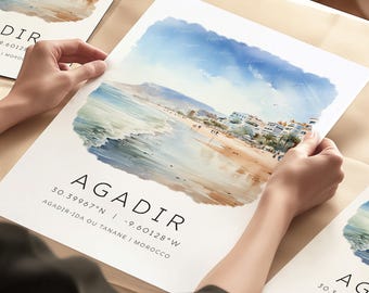 Agadir Travel Print, Morocco Travel Poster, Travel Posters, Travel Wall Art, Watercolour Prints, Travel Gifts, Wall Art, Home Decor