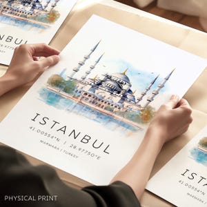 Affiche de voyage en Turquie d'Istanbul, art mural de voyage en Turquie, monuments de destination de voyage, impression d'art Mosquée bleue, carte de voyage, horizon d'Istanbul