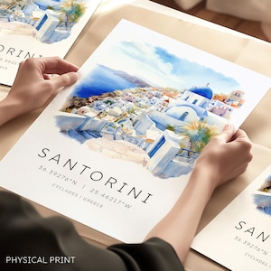 Stampa di viaggio di Santorini, poster di viaggio, arte murale di Santorini, regalo di nozze, illustrazione della Grecia, stampa di nozze, regali di coppia, arte della location