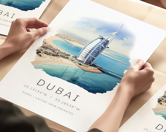 Dubai Travel Poster, Dubai Burj al Arab Travel Wall, Dubai Art, Dubai Souvenirs, New Home Gifts, Duabi Wedding Gift, Destination Art Print