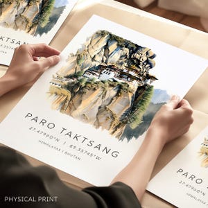 Arte murale di viaggio del Bhutan, stampa ad acquerello del Bhutan, Paro Taktsang, monastero del Nido della Tigre, arte murale dell'Himalaya, stampa ad acquerello, regalo da viaggio