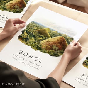 Cartaz de viagem das Filipinas, Colinas de Chocolate de Bohol, Ilustração das Filipinas com Coordenadas de Mapa, Viagem ao Sudeste Asiático, Presentes de Viagem