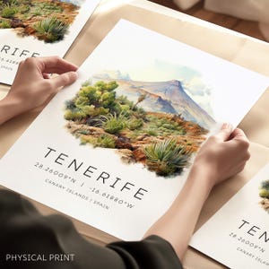 Poster de voyage à Ténérife, impression de voyage aux îles Canaries, cadeau de voyage, impression de voyage illustrée de Ténérife avec les coordonnées de la carte, impression de voyage en Espagne