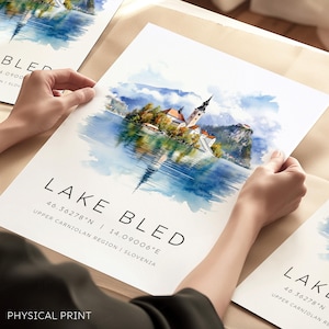 Poster di viaggio sul lago di Bled, stampa di viaggio sulla Slovenia, illustrazione di Solvenia, destinazioni di viaggio in Europa, arte di Solvenia, regali di viaggio unici