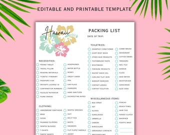 Hawaii Packing List, Editable, Printable, Canva Template