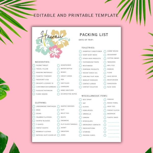 Hawaii Packing List, Editable, Printable, Canva Template