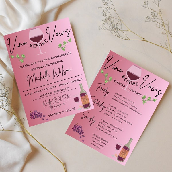 Vino Before Vows Bachelorette Invitation & Itinerary Template, Wine Bachelorette Invite and Itinerary, Editable Template, Instant Download