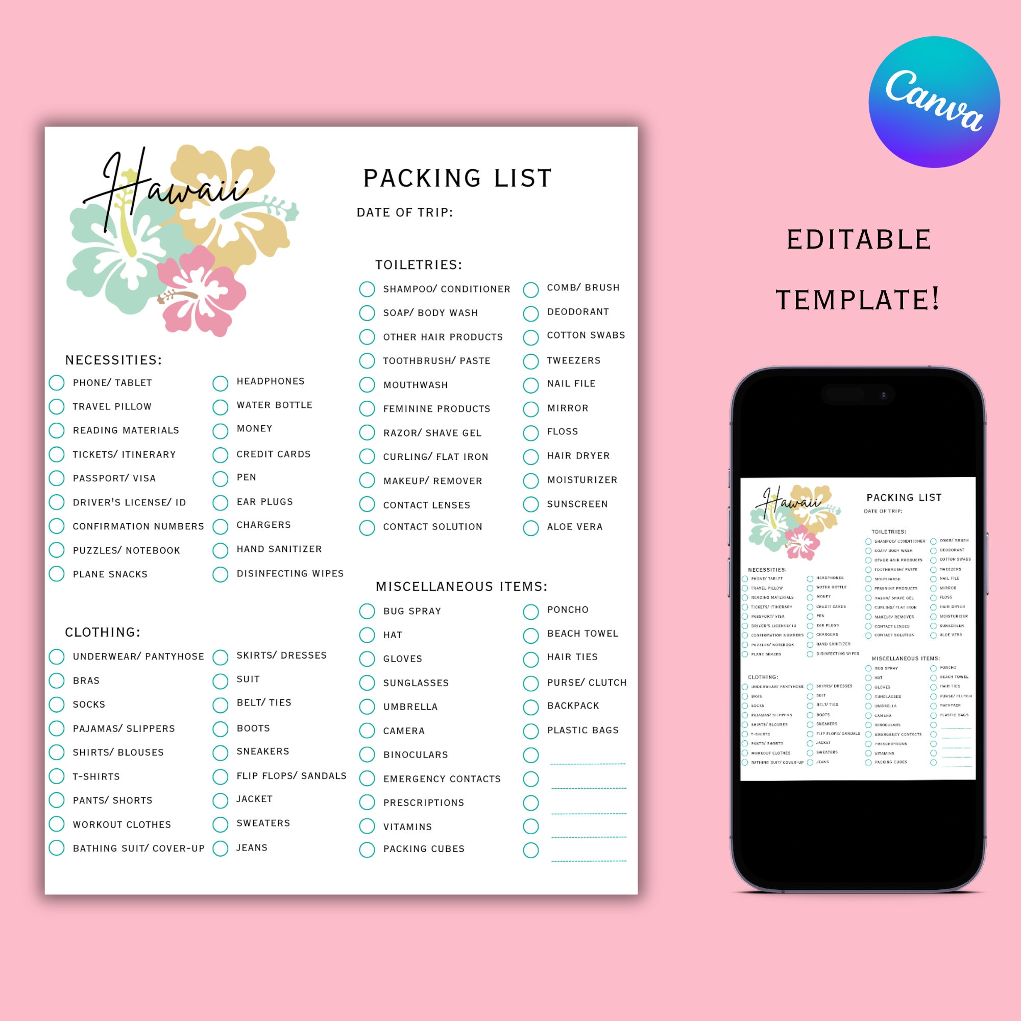 Hawaii Packing List, Editable, Printable, Canva Template - Etsy