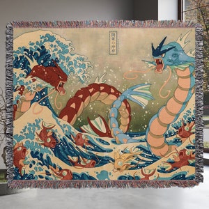Great Wave Dragons Art Woven Tapestry Gyarados Art Anime Blanket Poison Manga Gift For Anime Lovers Premium Quality Decor Couch Blanket