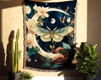 Butterfly Moth Moon Flowers Woven Throw Blanket Boho Decor Throw Blanket Sofa Blanket Couch Blanket Woven Tapestry Boho Decor Blanket
