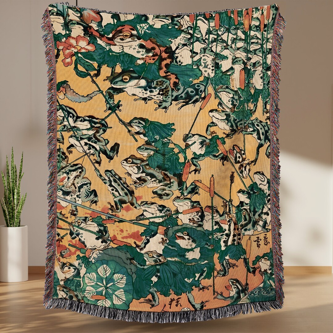 Kyosai Japanese Art Woven Blanket Fashionable Battle of the Frogs